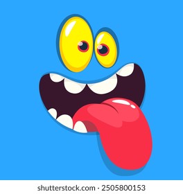 Funny cartoon monster face showing tongue. Vector monster square avatar