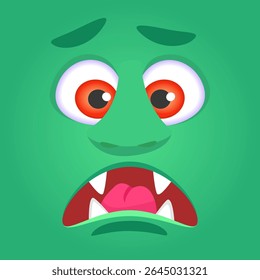 Funny cartoon monster face showing fear with open mouth, red eyes and furrowed brows, ideal for halloween projects or children illustrations
