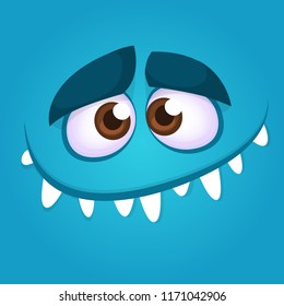 Funny cartoon monster face smiling. Vector illustration of blue creepy monster avatar. Halloween design