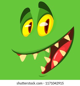 Funny cartoon monster face smiling. Vector illustration of green scary monster avatar. Halloween design