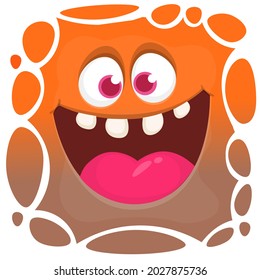 Funny cartoon monster face smiling emotion. Illustration of cute and happy mythical alien creature with laughing expression. Halloween or package design