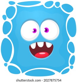 Funny cartoon monster face smiling emotion. Illustration of cute and happy mythical alien creature with laughing expression. Halloween or package design