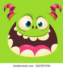 Funny cartoon monster face smiling emotion. Illustration of cute and happy mythical alien creature with laughing expression. Halloween or package design