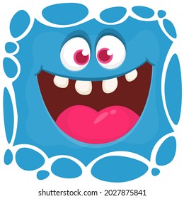 Funny cartoon monster face smiling emotion. Illustration of cute and happy mythical alien creature with laughing expression. Halloween or package design