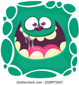 Funny cartoon monster face smiling emotion. Illustration of cute and happy mythical alien creature with laughing expression. Halloween or package design