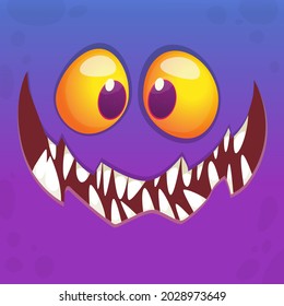 Funny cartoon monster face smiling. Illustration of cute and happy mythical alien creature expression. Halloween party design. Great for package design. Vector isolated
