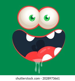 Funny cartoon monster face smiling emotion. Illustration of cute and happy mythical alien creature with laughing expression. Halloween or package design