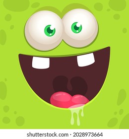 Funny cartoon monster face smiling emotion. Illustration of cute and happy mythical alien creature with laughing expression. Halloween or package design