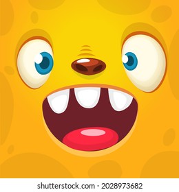 Funny cartoon monster face smiling emotion. Illustration of cute and happy mythical alien creature with laughing expression. Halloween or package design