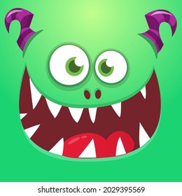 Funny cartoon monster face smiling emotion. Illustration of cute and happy mythical alien creature with laughing expression. Halloween or package design
