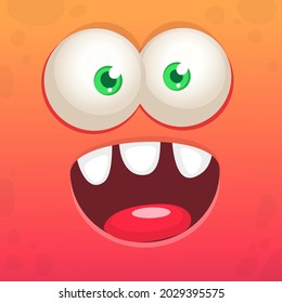 Funny cartoon monster face smiling emotion. Illustration of cute and happy mythical alien creature with laughing expression. Halloween or package design