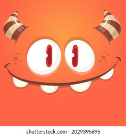 Funny cartoon monster face smiling emotion. Illustration of cute and happy mythical alien creature with laughing expression. Halloween or package design