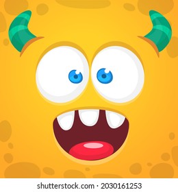 Funny cartoon monster face smiling emotion. Illustration of cute and happy mythical alien creature with laughing expression. Halloween or package design