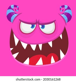 Funny cartoon monster face smiling emotion. Illustration of cute and happy mythical alien creature with laughing expression. Halloween or package design