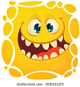 Funny cartoon monster face smiling emotion. Illustration of cute and happy mythical alien creature with laughing expression. Halloween or package design