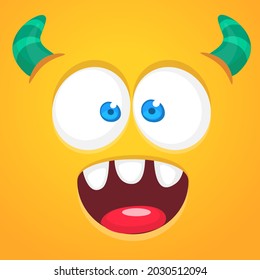 Funny cartoon monster face smiling emotion. Illustration of cute and happy mythical alien creature with laughing expression. Halloween or package design