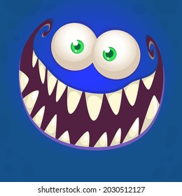 Funny cartoon monster face smiling. Illustration of cute and happy mythical alien creature expression. Halloween party design. Great for package design. Vector isolated