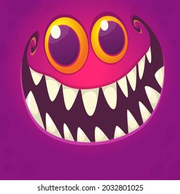 Funny cartoon monster face smiling. Illustration of cute and happy mythical alien creature expression. Halloween design. Great for party decoration or package design