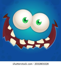 Funny cartoon monster face smiling. Illustration of cute and happy mythical alien creature expression. Halloween design. Great for party decoration or package design