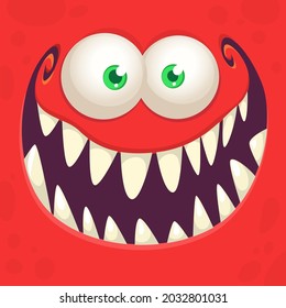 Funny cartoon monster face smiling emotion. Illustration of cute and happy mythical alien creature with laughing expression. Halloween or package design