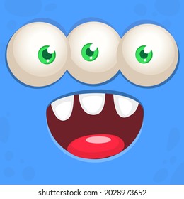 Funny cartoon monster face with three eyes. Illustration of cute and happy mythical alien creature expression. Halloween design. Great for party decoration or package design