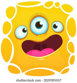 Funny cartoon monster face with three eyes. Illustration of cute and happy mythical alien creature expression. Halloween design. Great for party decoration or package design