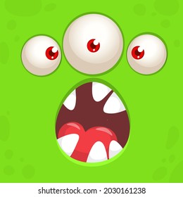 Funny cartoon monster face with three eyes. Illustration of cute and happy mythical alien creature expression. Halloween design. Great for party decoration or package design