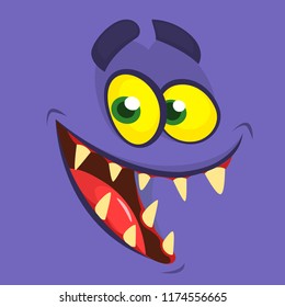 Funny cartoon monster face. Vector Halloween blue  monster or dragon with wide mouth smiling.