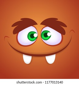 Funny cartoon monster face. Vector Halloween illustration of brown goblin or troll monster 
