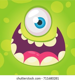 Funny cartoon monster face. Vector Halloween green cool monster avatar with wide smile. Design for print, logo, t-shirt, emblem, merchandise or book illustration