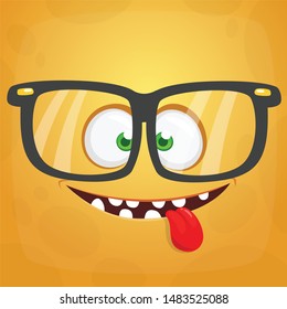 Funny cartoon monster face wearing eyeglasses. Vector Halloween monster square avatar
