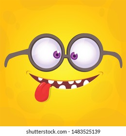 Funny cartoon monster face wearing eyeglasses. Vector Halloween monster square avatar
