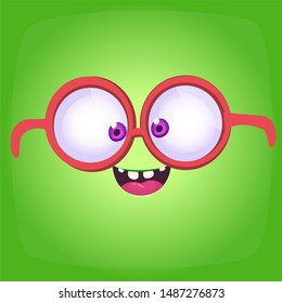 Funny cartoon monster face wearing eyeglasses. Vector Halloween monster square avatar
