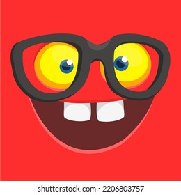 Funny cartoon monster face wearing eyeglasses.  Halloween design. Great for party decoration or package design