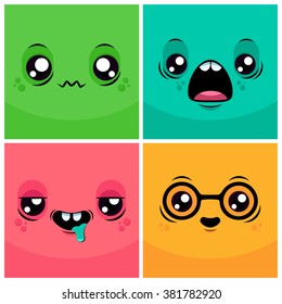 Funny Cartoon Monster Faces. Colorful Vector Illustration