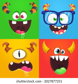 Funny cartoon monster faces emotions set. Illustration of mythical alien creatures different expression. Halloween party design. Great package design. Vector isolated