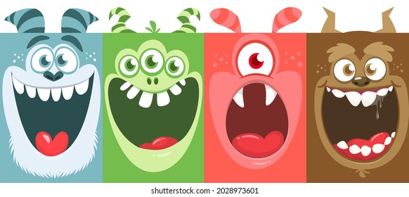 Funny cartoon monster faces emotions set. Illustration of mythical alien creatures different expression. Halloween party design. Great package design. Vector isolated