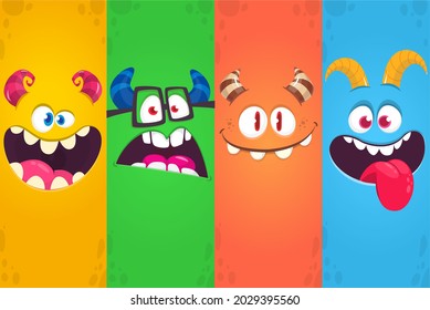 Funny cartoon monster faces emotions set. Illustration of mythical alien creatures different expression. Halloween party design. Great package design. Vector isolated