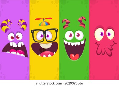 Funny cartoon monster faces emotions set. Illustration of mythical alien creatures different expression. Halloween party design. Great package design. Vector isolated