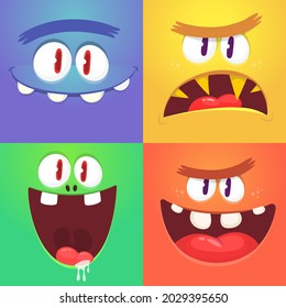 Funny cartoon monster faces emotions set. Illustration of mythical alien creatures different expression. Halloween party design. Great package design. Vector isolated