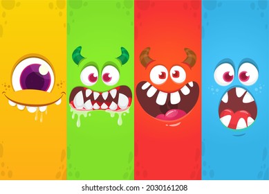 Funny cartoon monster faces emotions set. Illustration of mythical alien creatures different expression. Halloween party design. Great package design. Vector isolated