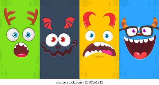 Funny cartoon monster faces emotions set. Illustration of mythical alien creatures different expression. Halloween party design. Great package design. Vector isolated