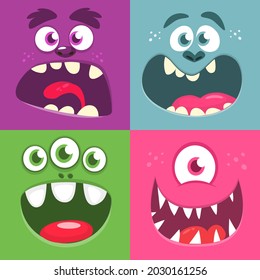 El monstruo de las caricaturas divertidas se enfrenta a las emociones fijadas. Ilustración de criaturas alienígenas míticas con una expresión diferente. Diseño de fiesta de Halloween. Gran diseño de paquetes. Vector aislado