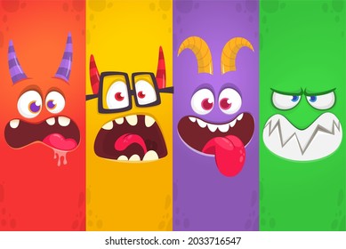 Funny cartoon monster faces emotions set. Illustration of mythical alien creatures different expression. Halloween party design. Great package design. Vector isolated