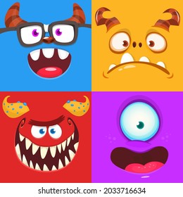Funny cartoon monster faces emotions set. Illustration of mythical alien creatures different expression. Halloween party design. Great package design. Vector isolated