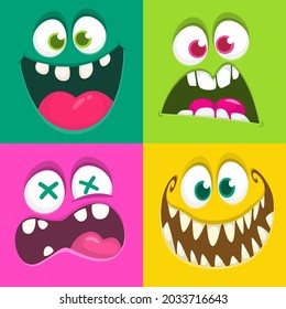 Funny cartoon monster faces emotions set. Illustration of mythical alien creatures different expression. Halloween party design. Great package design. Vector isolated