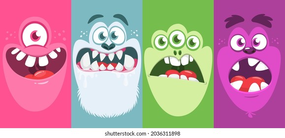Funny cartoon monster faces emotions set. Illustration of mythical alien creatures different expression. Halloween party design. Great package design. Vector isolated
