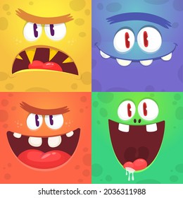 Funny cartoon monster faces emotions set. Illustration of mythical alien creatures different expression. Halloween party design. Great package design. Vector isolated