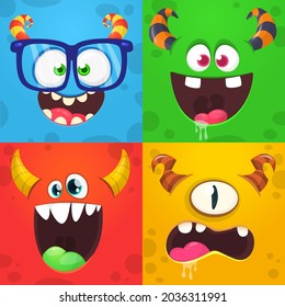 El monstruo de las caricaturas divertidas se enfrenta a las emociones fijadas. Ilustración de criaturas alienígenas míticas con una expresión diferente. Diseño de fiesta de Halloween. Gran diseño de paquetes. Vector aislado