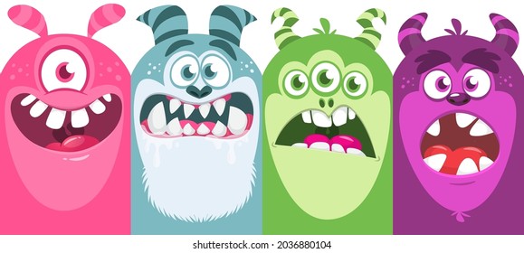Funny cartoon monster faces emotions set. Illustration of mythical alien creatures different expression. Halloween party design. Great package design. Vector isolated
